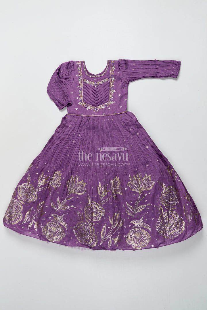 Girls Purple Silk Gown with Designer Yoke for Birthday and Festive Wear