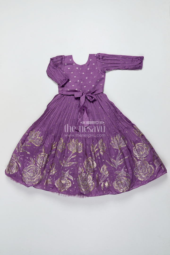 Girls Purple Silk Gown with Designer Yoke for Birthday and Festive Wear