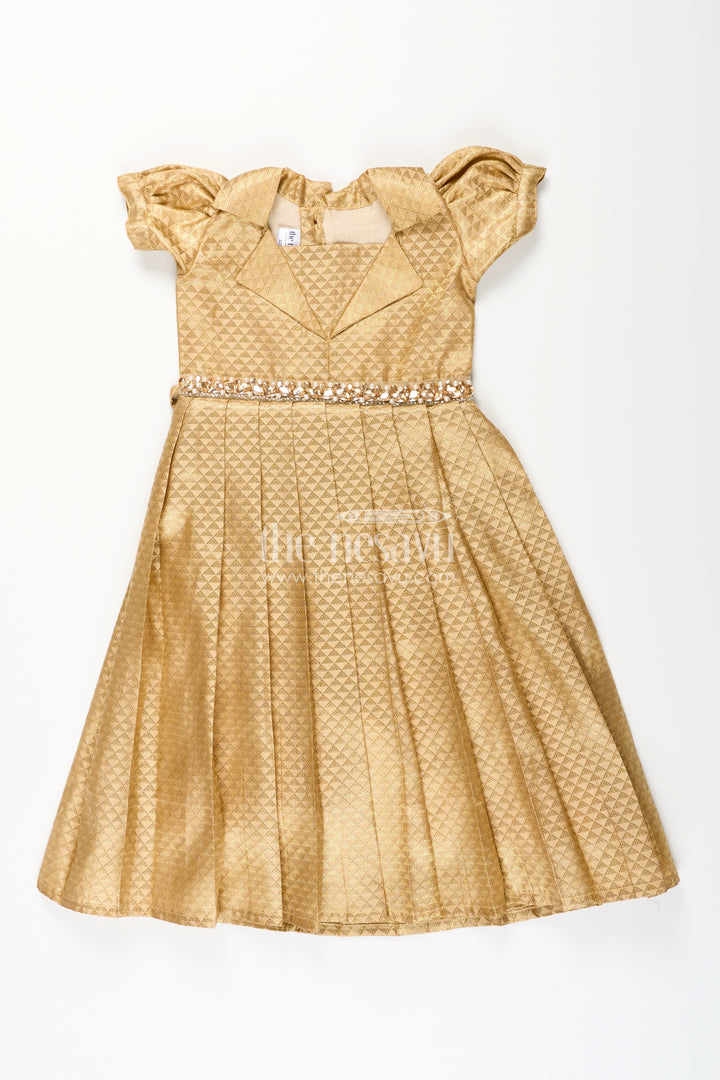 Girls golden tissue silk anarkali dress with puff sleeves and beaded waist belt