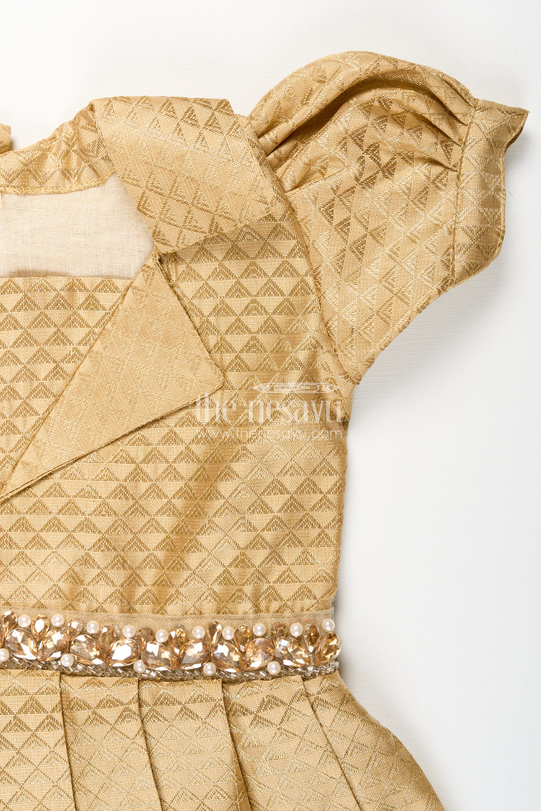 Girls golden tissue silk anarkali dress with puff sleeves and beaded waist belt