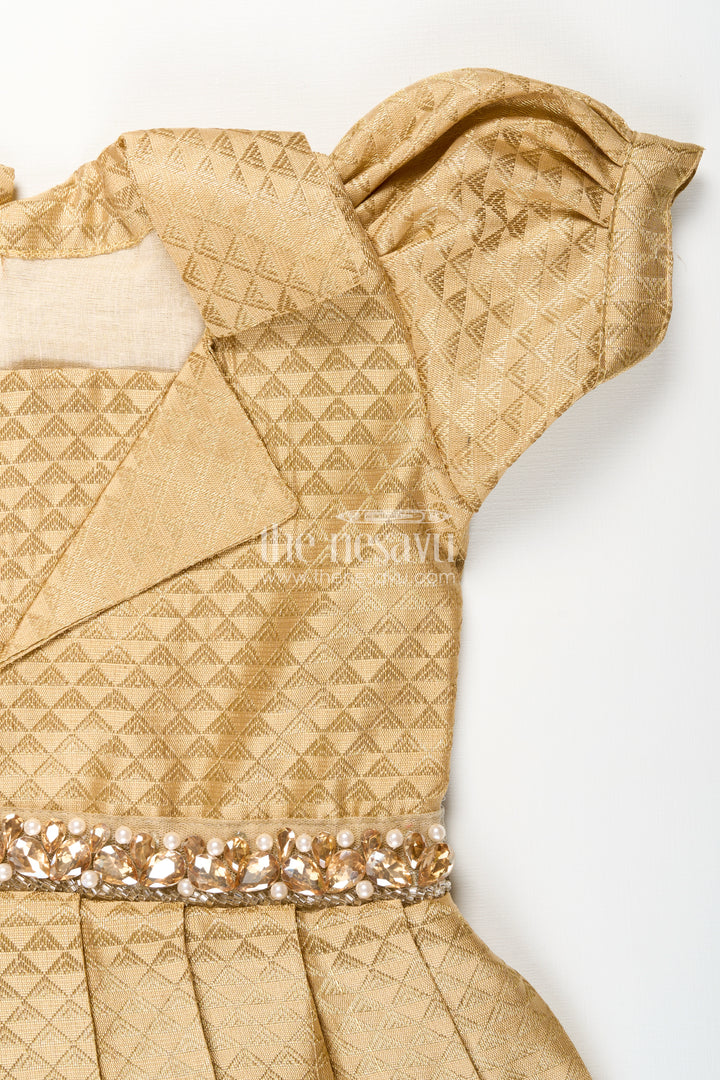 Girls golden tissue silk anarkali dress with puff sleeves and beaded waist belt