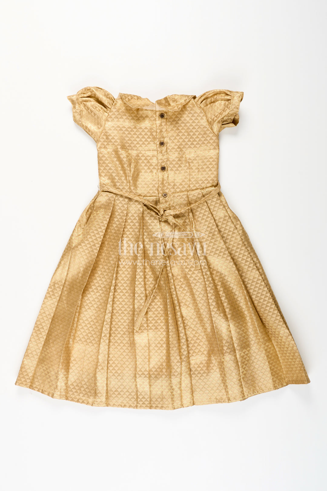 Girls golden tissue silk anarkali dress with puff sleeves and beaded waist belt