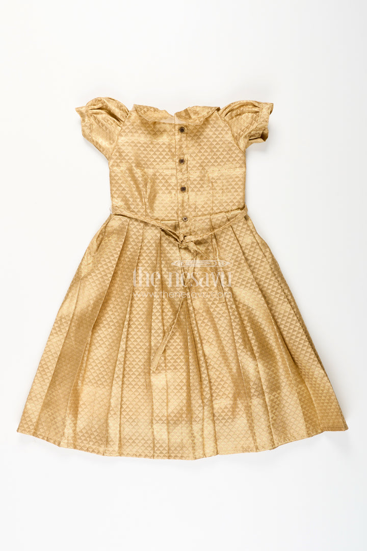 Girls golden tissue silk anarkali dress with puff sleeves and beaded waist belt