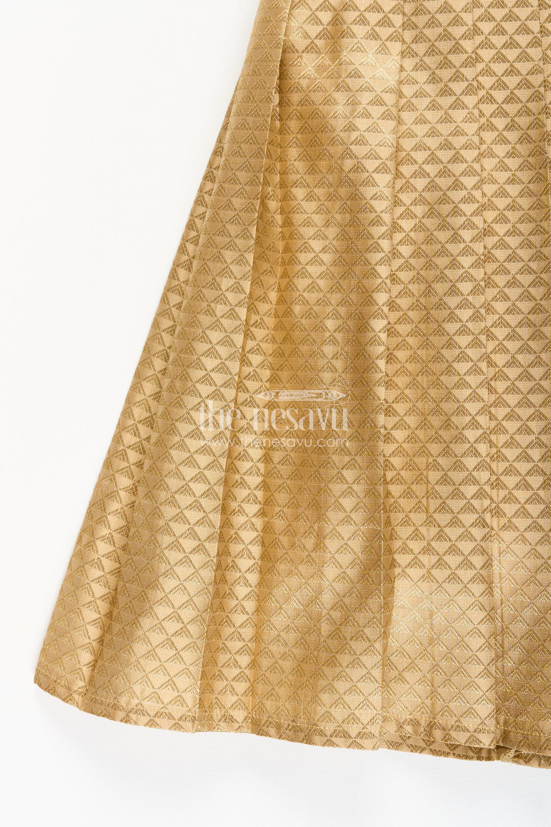 Girls golden tissue silk anarkali dress with puff sleeves and beaded waist belt