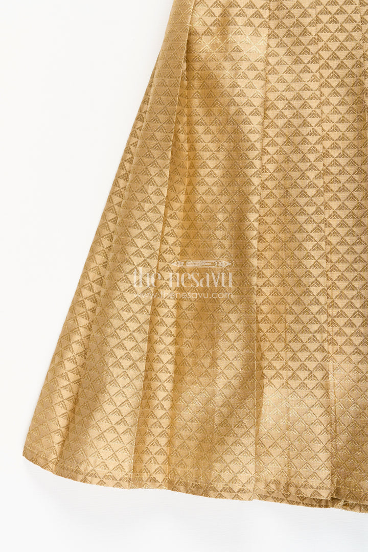 Girls golden tissue silk anarkali dress with puff sleeves and beaded waist belt