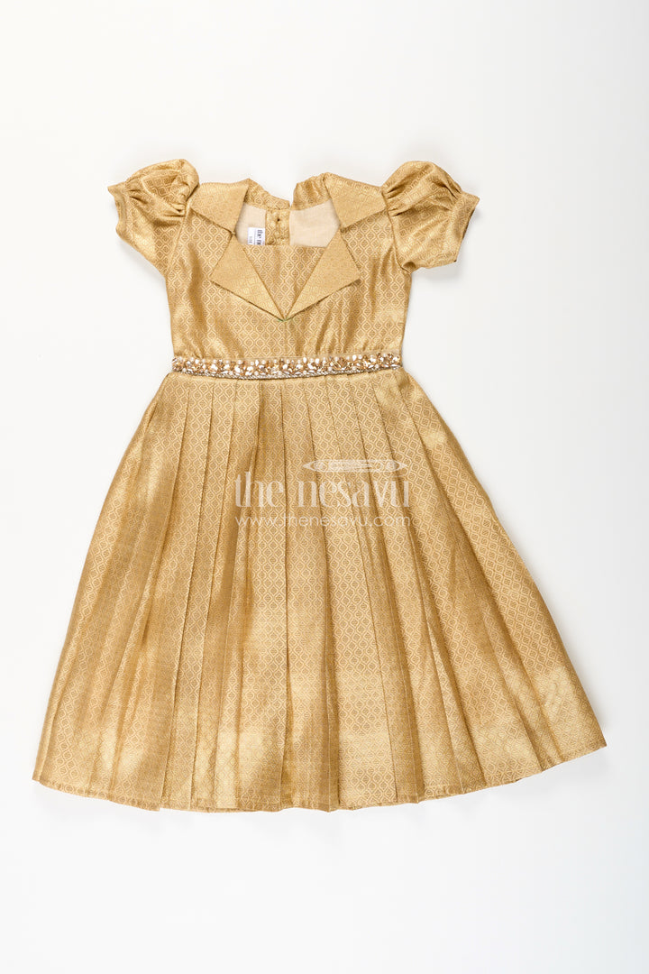 Girls golden tissue silk anarkali dress with puff sleeves and beaded waist belt