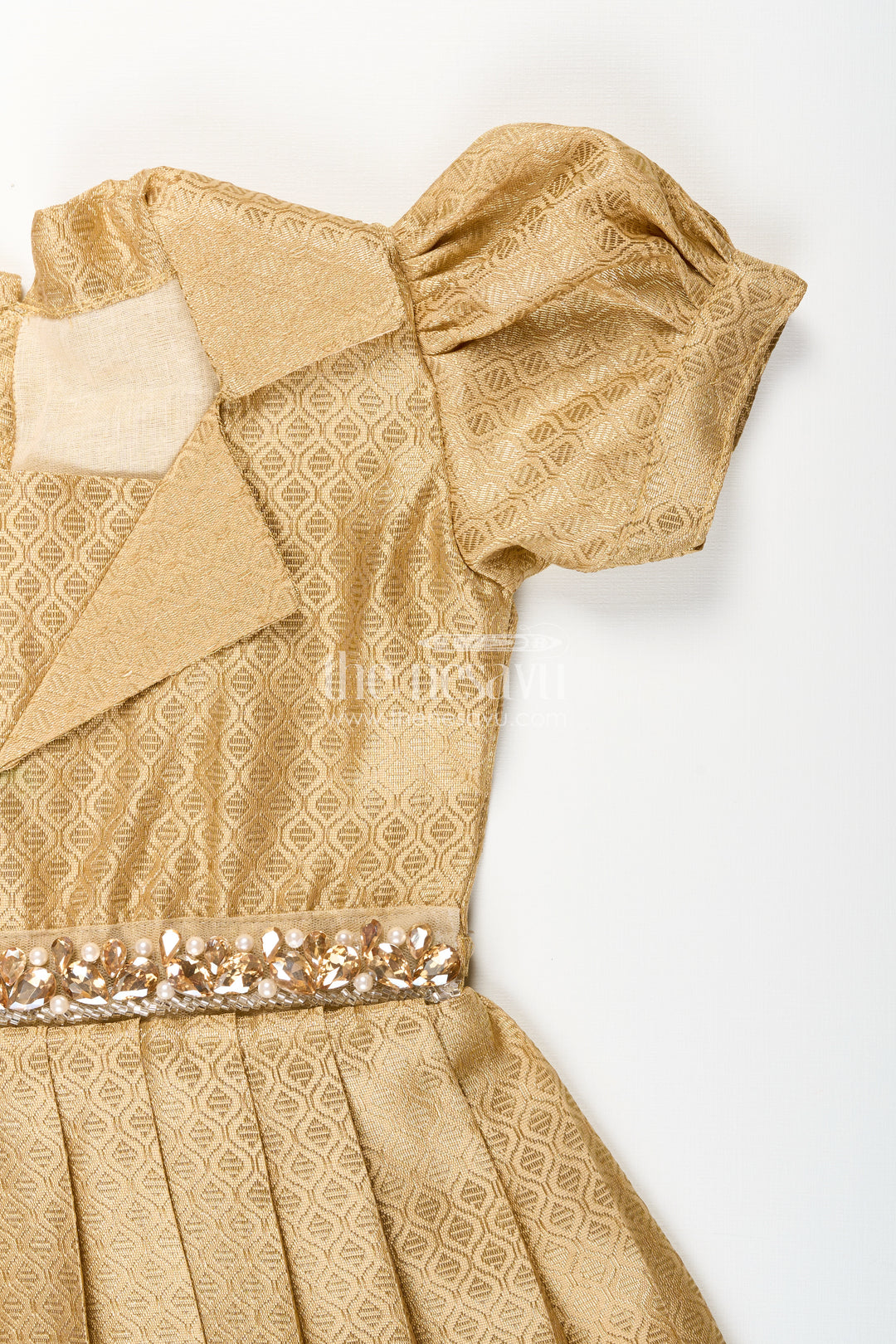 Girls golden tissue silk anarkali dress with puff sleeves and beaded waist belt
