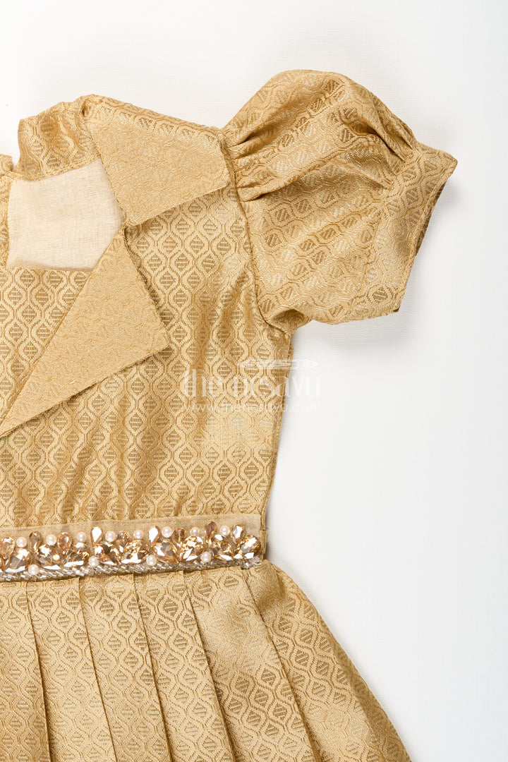 Girls golden tissue silk anarkali dress with puff sleeves and beaded waist belt