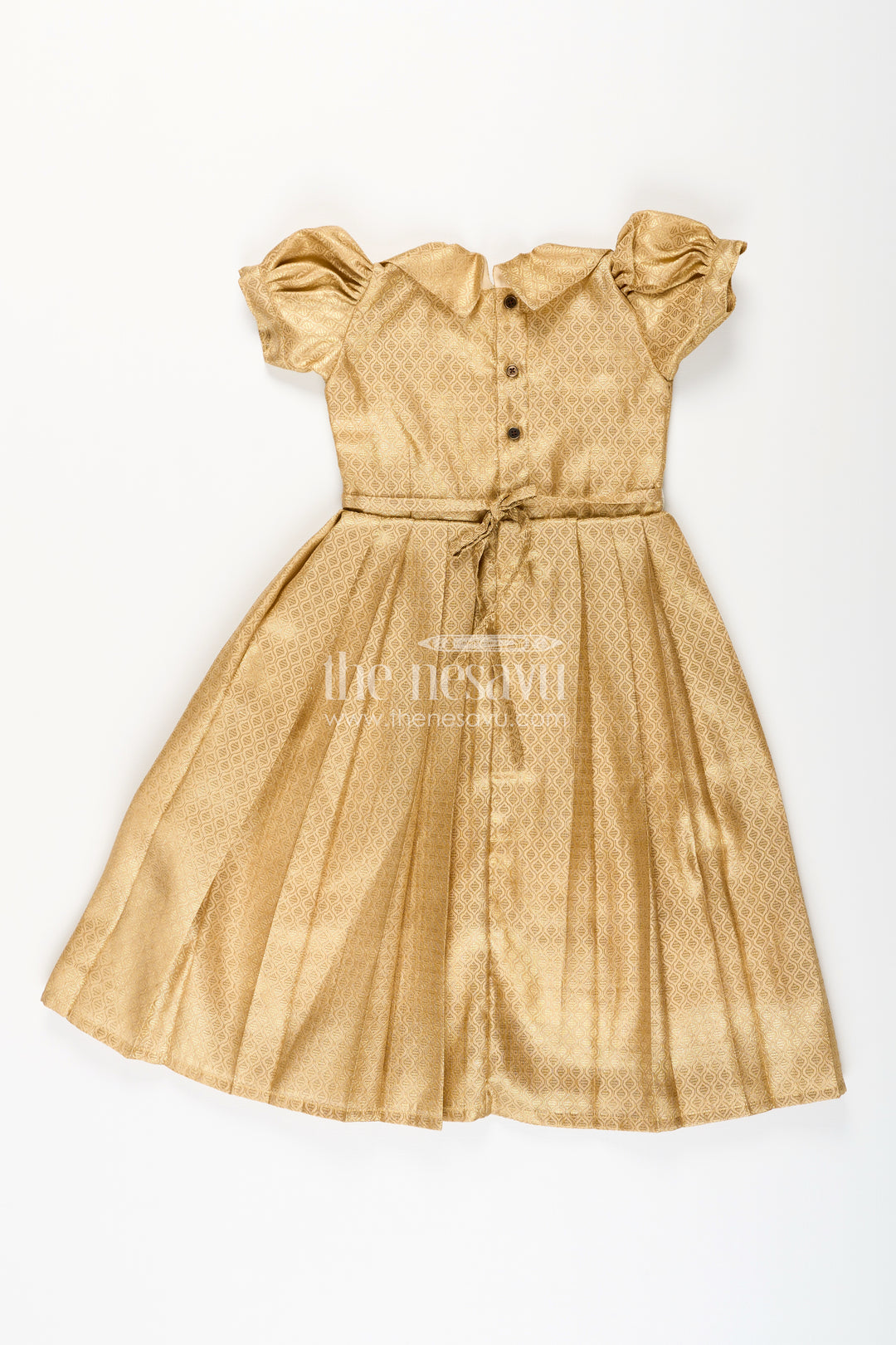 Girls golden tissue silk anarkali dress with puff sleeves and beaded waist belt