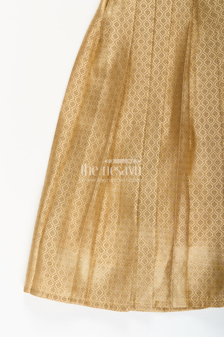 Girls golden tissue silk anarkali dress with puff sleeves and beaded waist belt