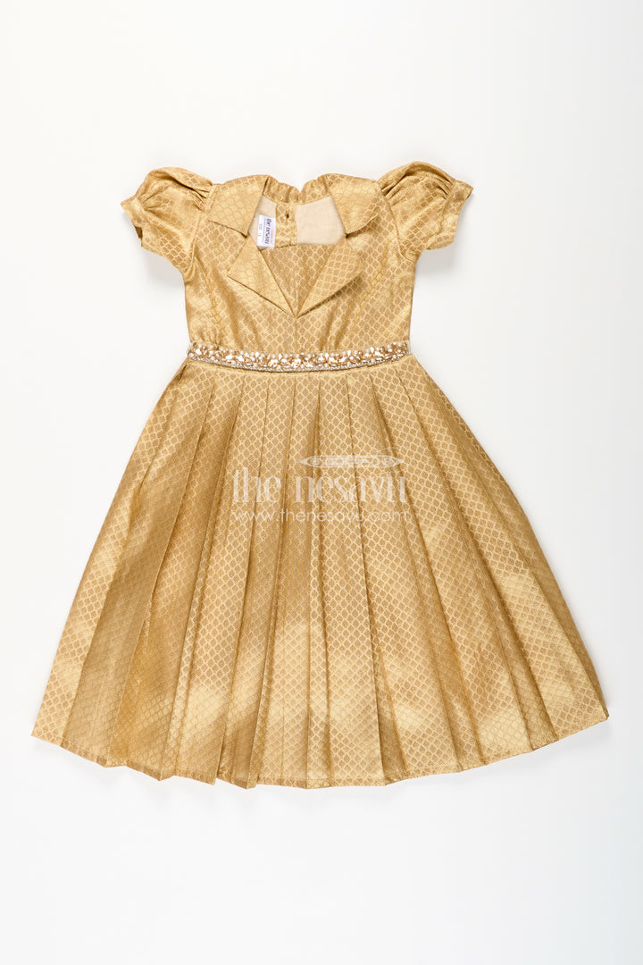 Girls golden tissue silk anarkali dress with puff sleeves and beaded waist belt