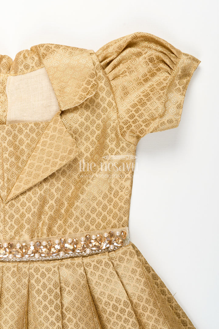 Girls golden tissue silk anarkali dress with puff sleeves and beaded waist belt