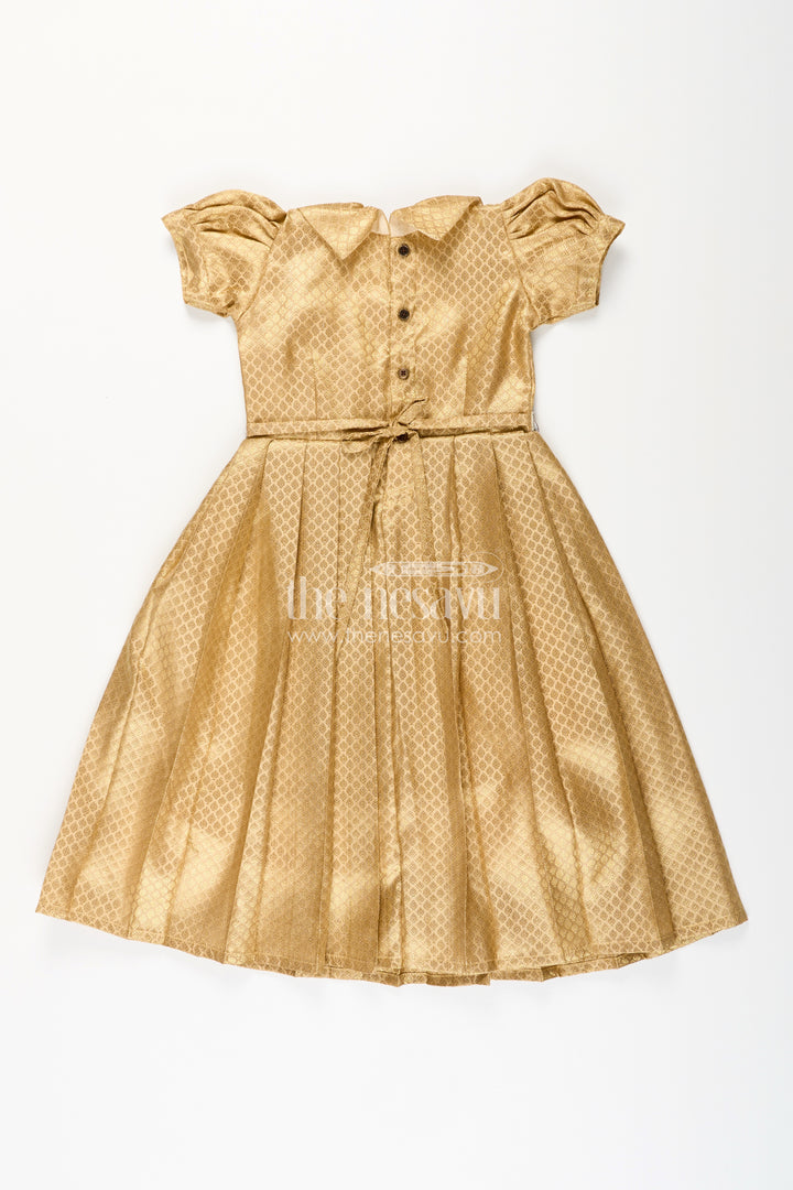 Girls golden tissue silk anarkali dress with puff sleeves and beaded waist belt