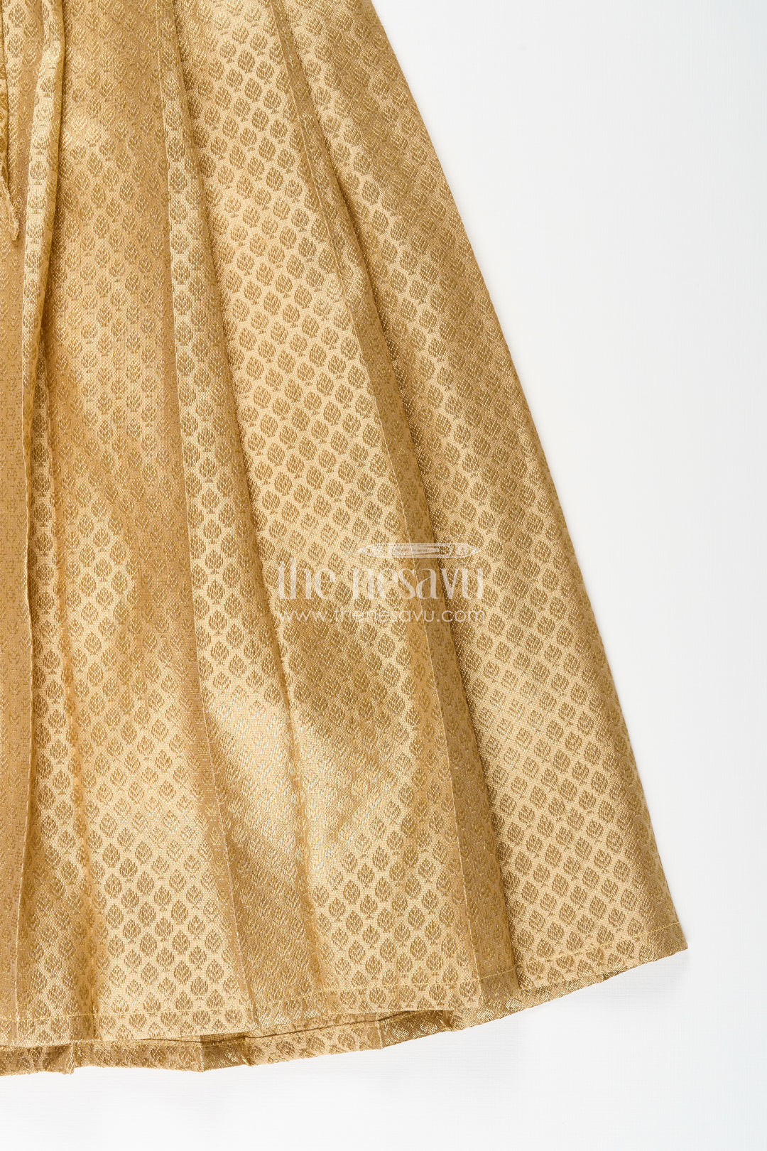 Girls golden tissue silk anarkali dress with puff sleeves and beaded waist belt