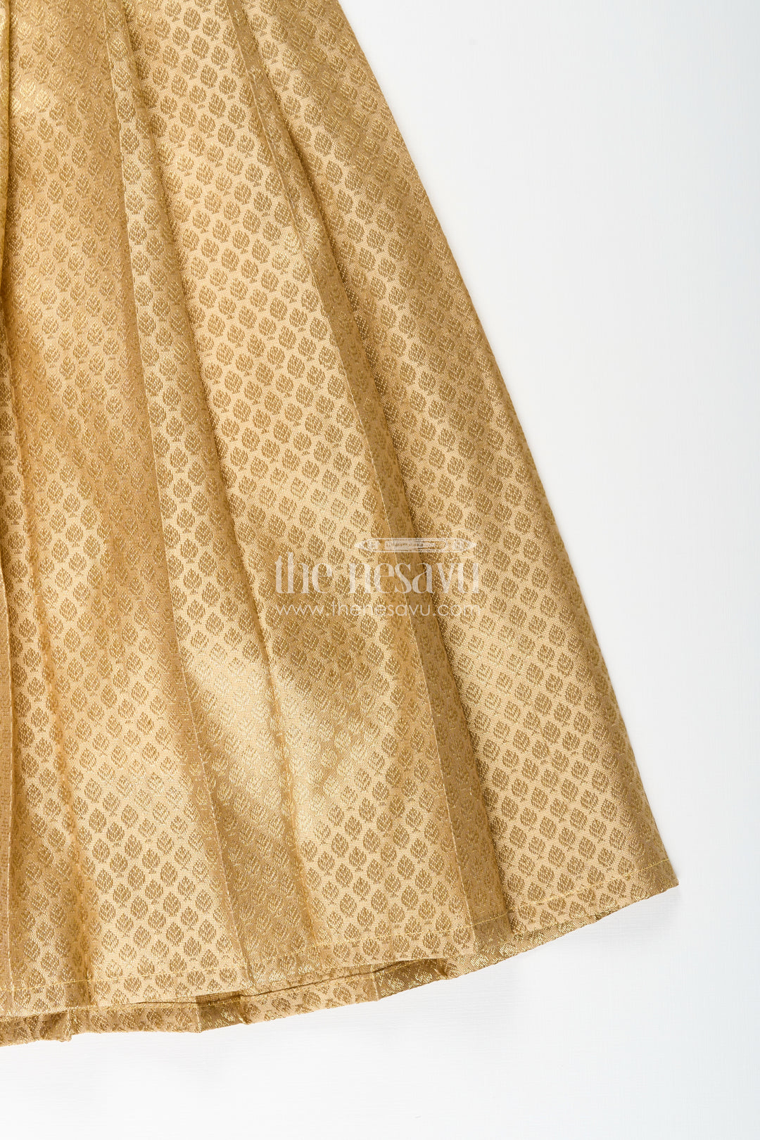 Girls golden tissue silk anarkali dress with puff sleeves and beaded waist belt
