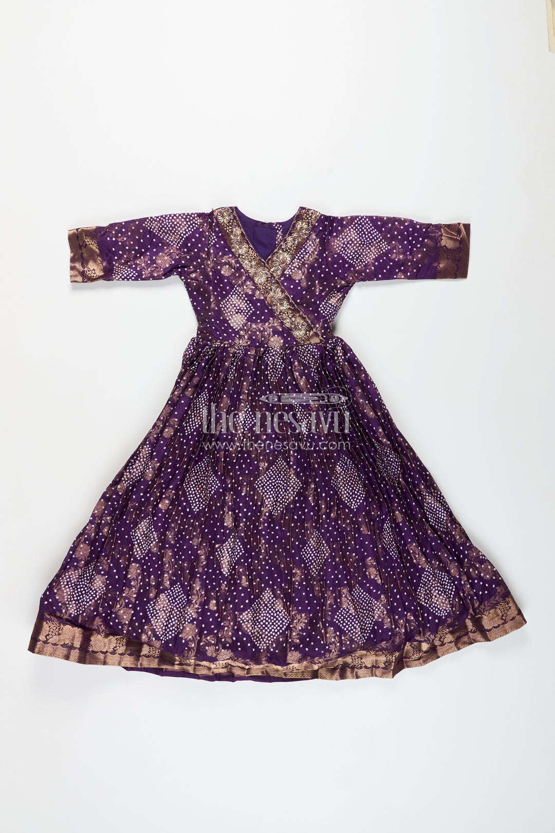 Girls jacquard party gown with full sleeves for traditional occasions