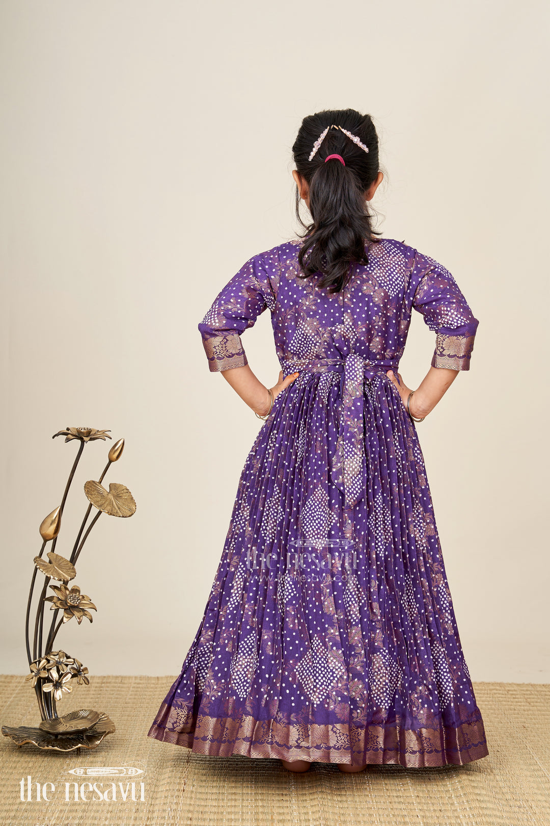 Girls jacquard party gown with full sleeves for traditional occasions