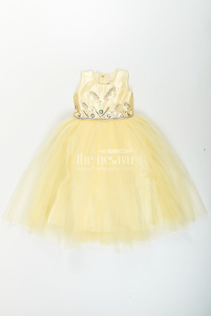 Satin and net party gown for girls with bead embroidery