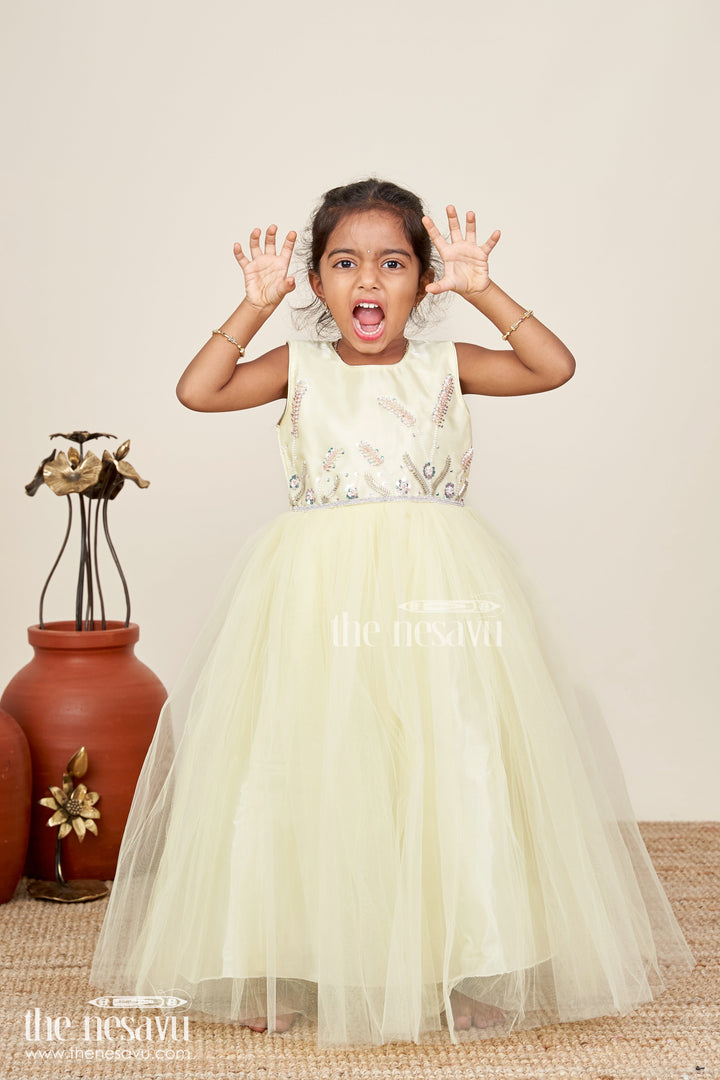 Satin and net party gown for girls with bead embroidery