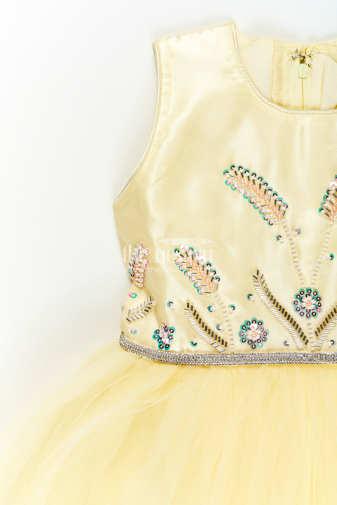 Satin and net party gown for girls with bead embroidery