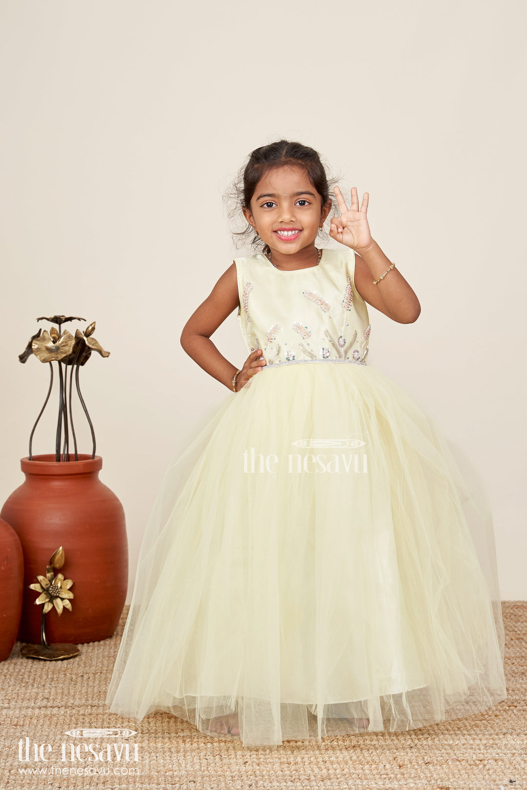 Satin and net party gown for girls with bead embroidery