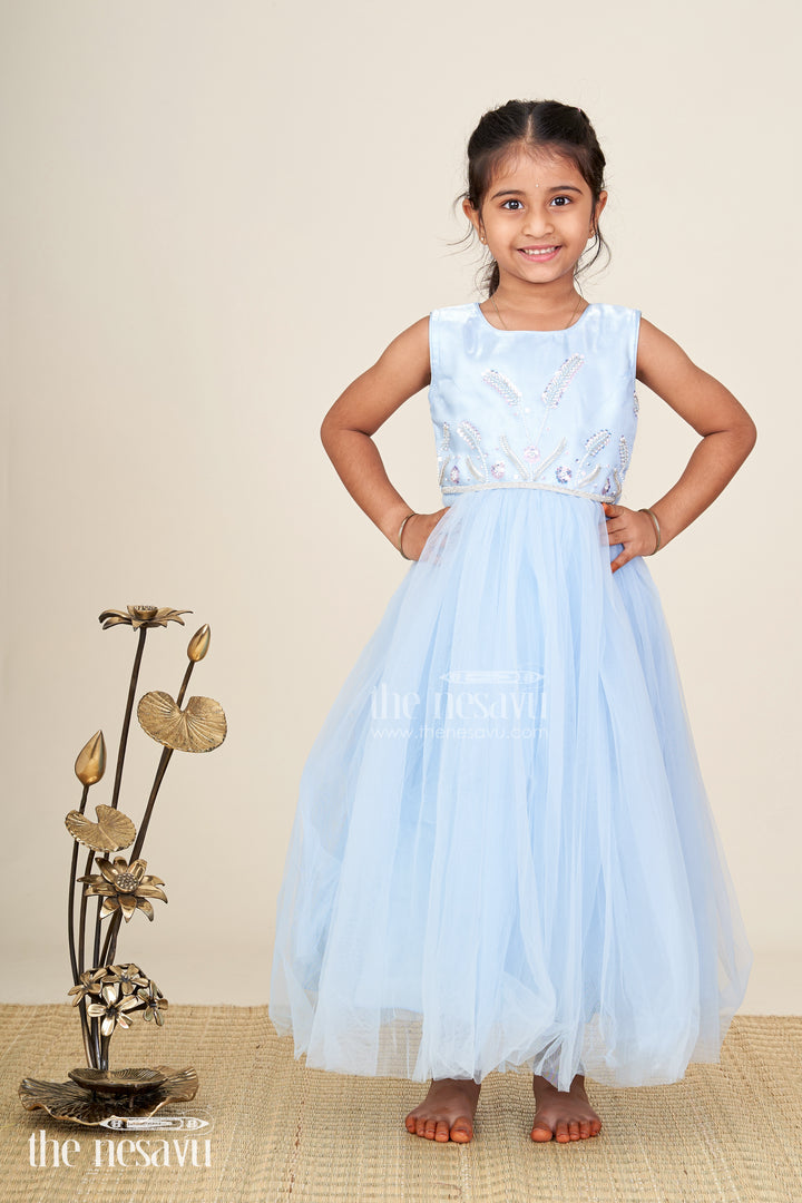 Satin party gown for girls with embroidered yoke and layered net skirt