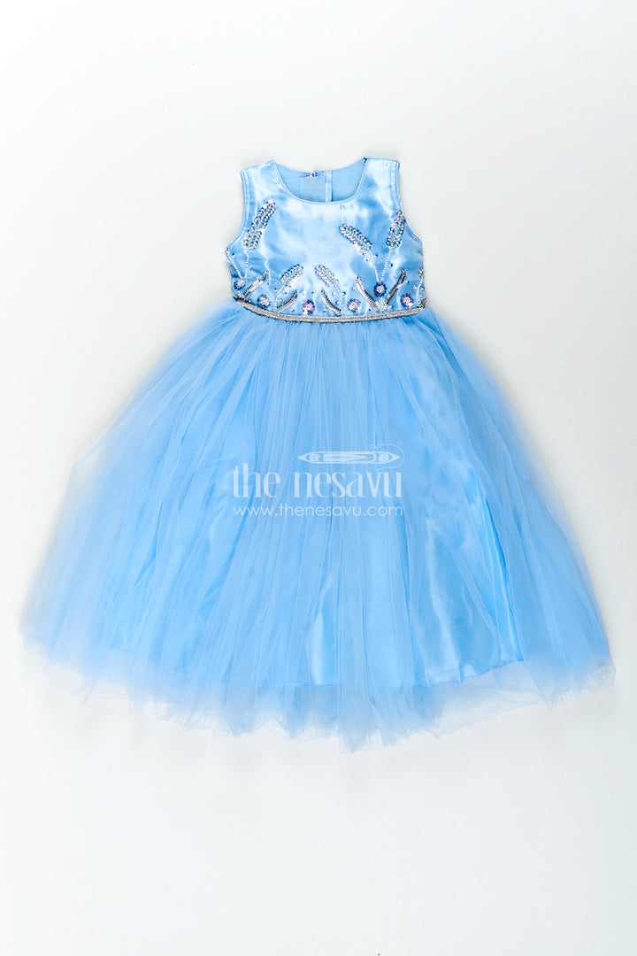 Satin party gown for girls with embroidered yoke and layered net skirt