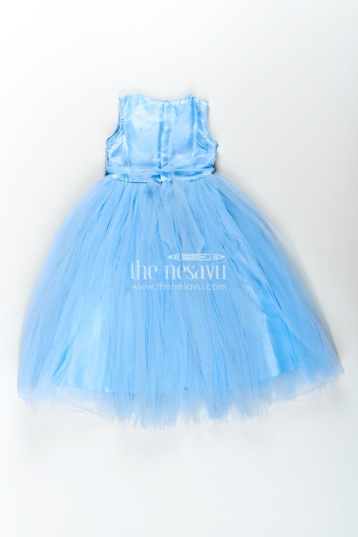Satin party gown for girls with embroidered yoke and layered net skirt