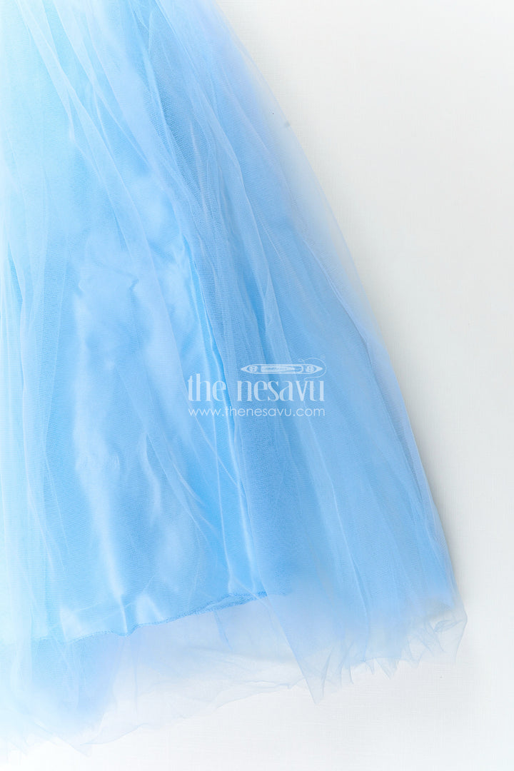 Satin party gown for girls with embroidered yoke and layered net skirt