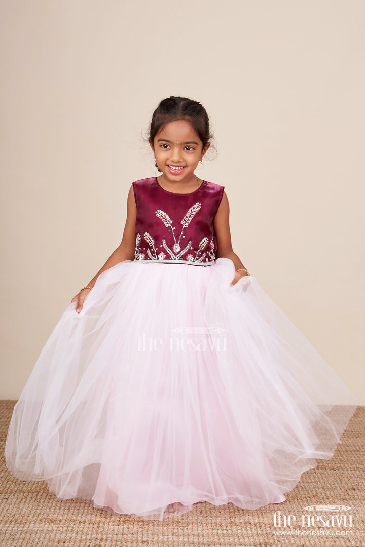 Girls net party gown with embroidered yoke for birthdays and celebrations