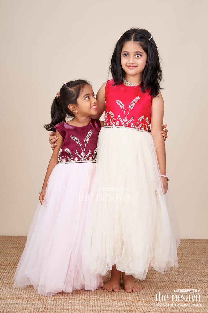 Girls net party gown with embroidered yoke for birthdays and celebrations