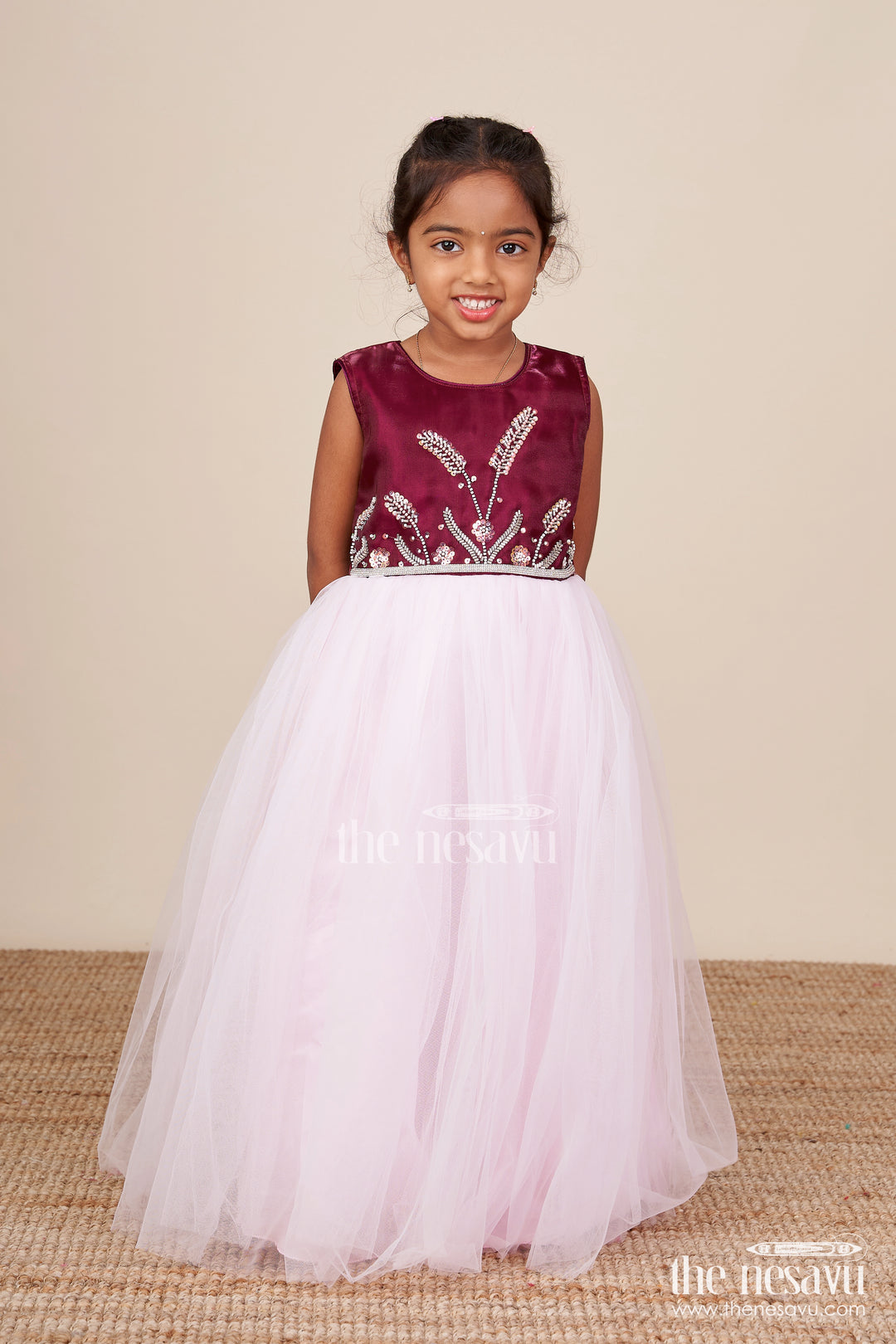 Girls net party gown with embroidered yoke for birthdays and celebrations