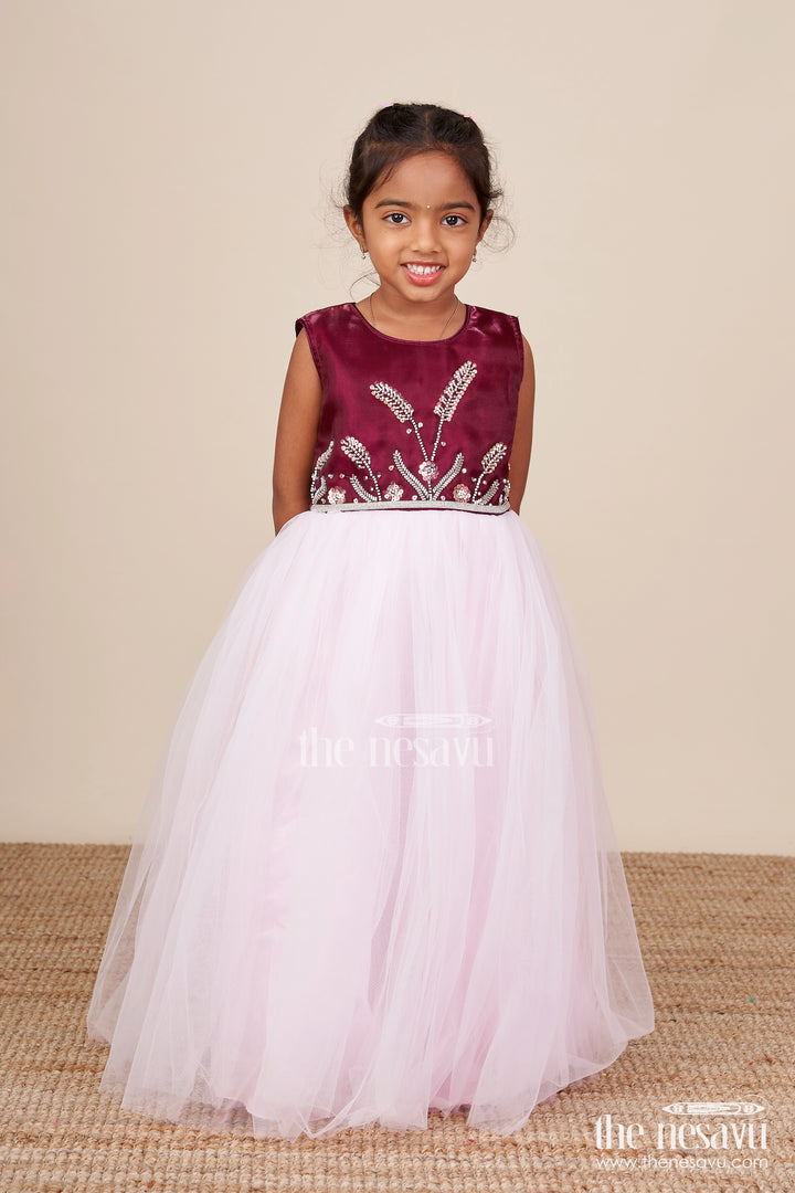 Girls net party gown with embroidered yoke for birthdays and celebrations