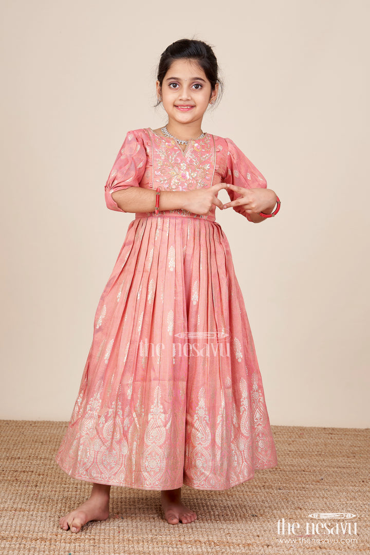 Girls banarasi casual gown with designer yoke for festive family moments