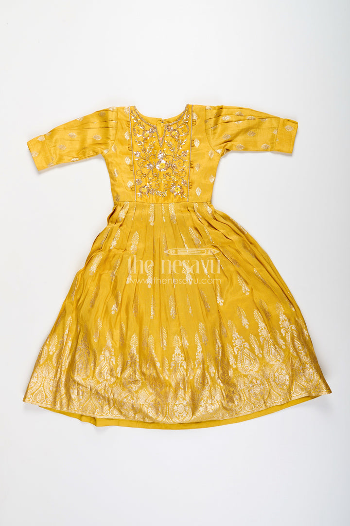 Banarasi silk gown with designer yoke – elegant traditional dress for girls
