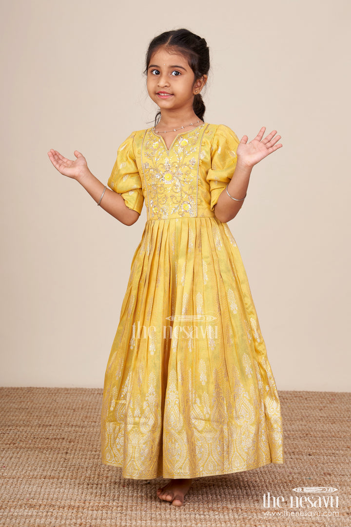 Banarasi silk gown with designer yoke – elegant traditional dress for girls