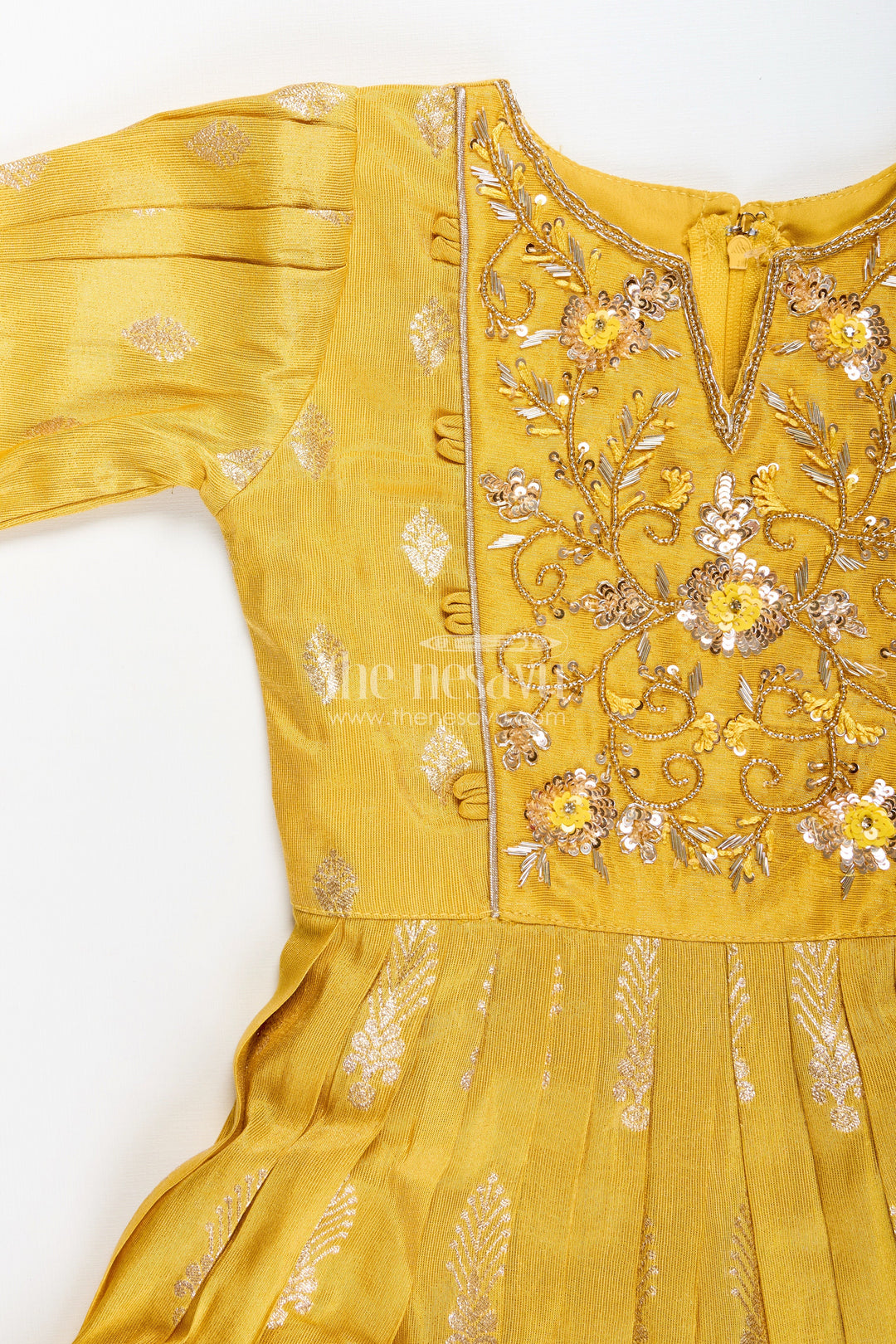 Banarasi silk gown with designer yoke – elegant traditional dress for girls
