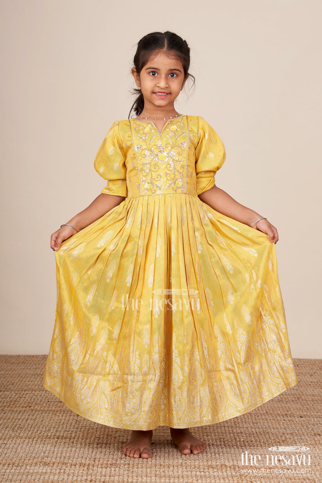 Banarasi silk gown with designer yoke – elegant traditional dress for girls