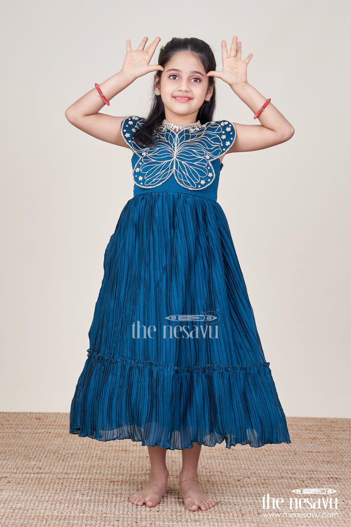 Party Gown for Girls with Butterfly Embellishment and Pleated Skirt