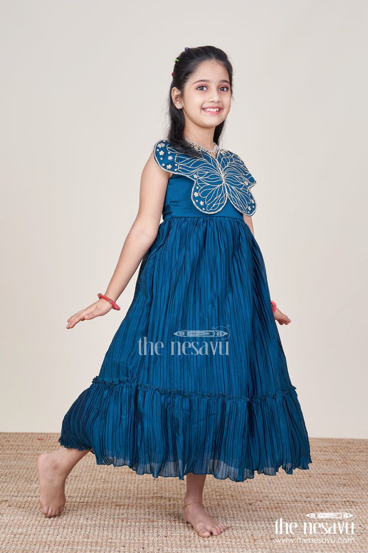 Party Gown for Girls with Butterfly Embellishment and Pleated Skirt