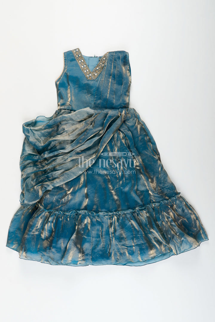 Girls blue organza party gown with shimmering glaze finish