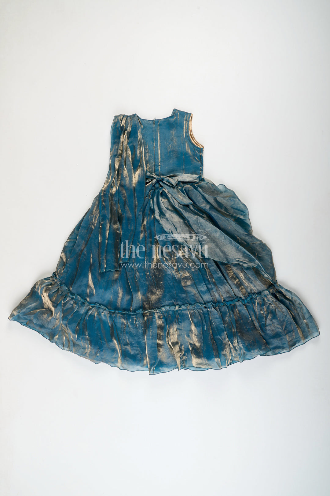 Girls blue organza party gown with shimmering glaze finish