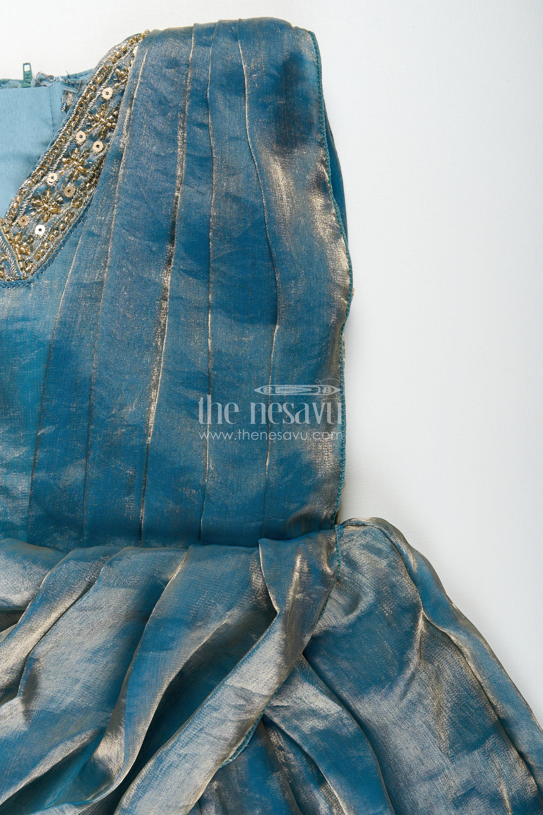 Girls blue organza party gown with shimmering glaze finish