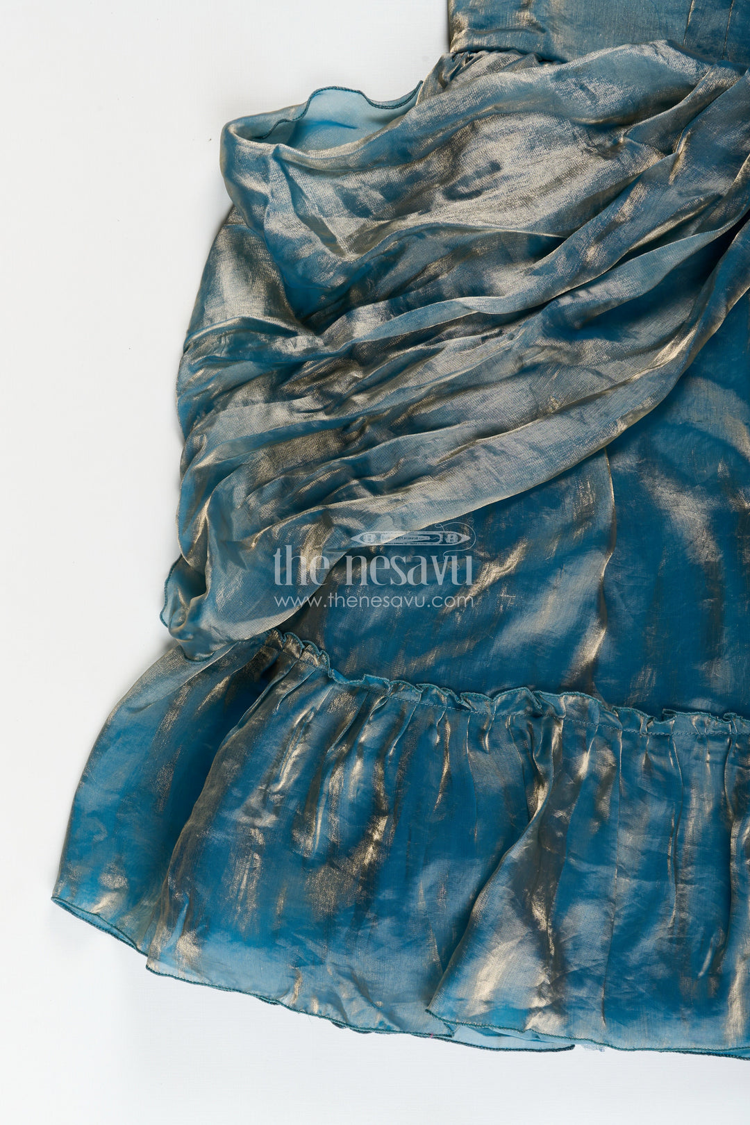 Girls blue organza party gown with shimmering glaze finish