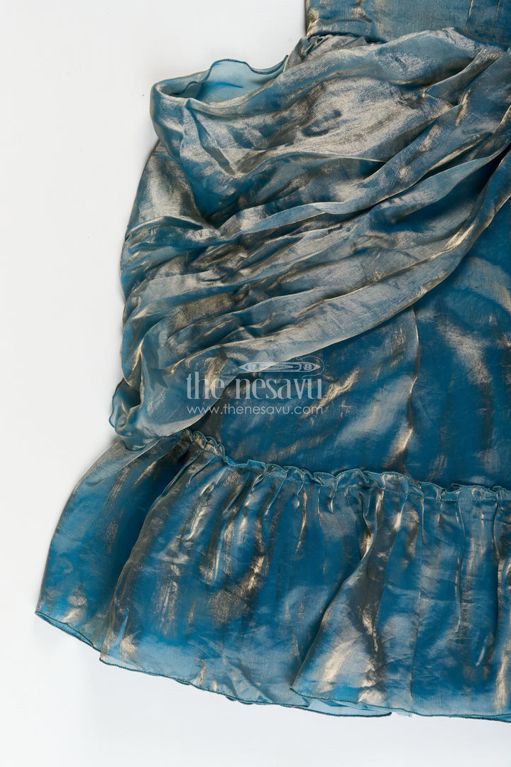 Girls blue organza party gown with shimmering glaze finish
