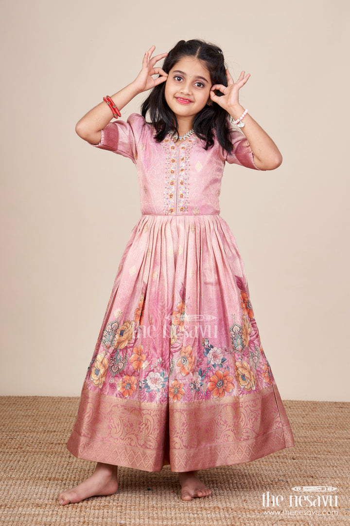 Girls silk gown with zari border for weddings and traditional occasions