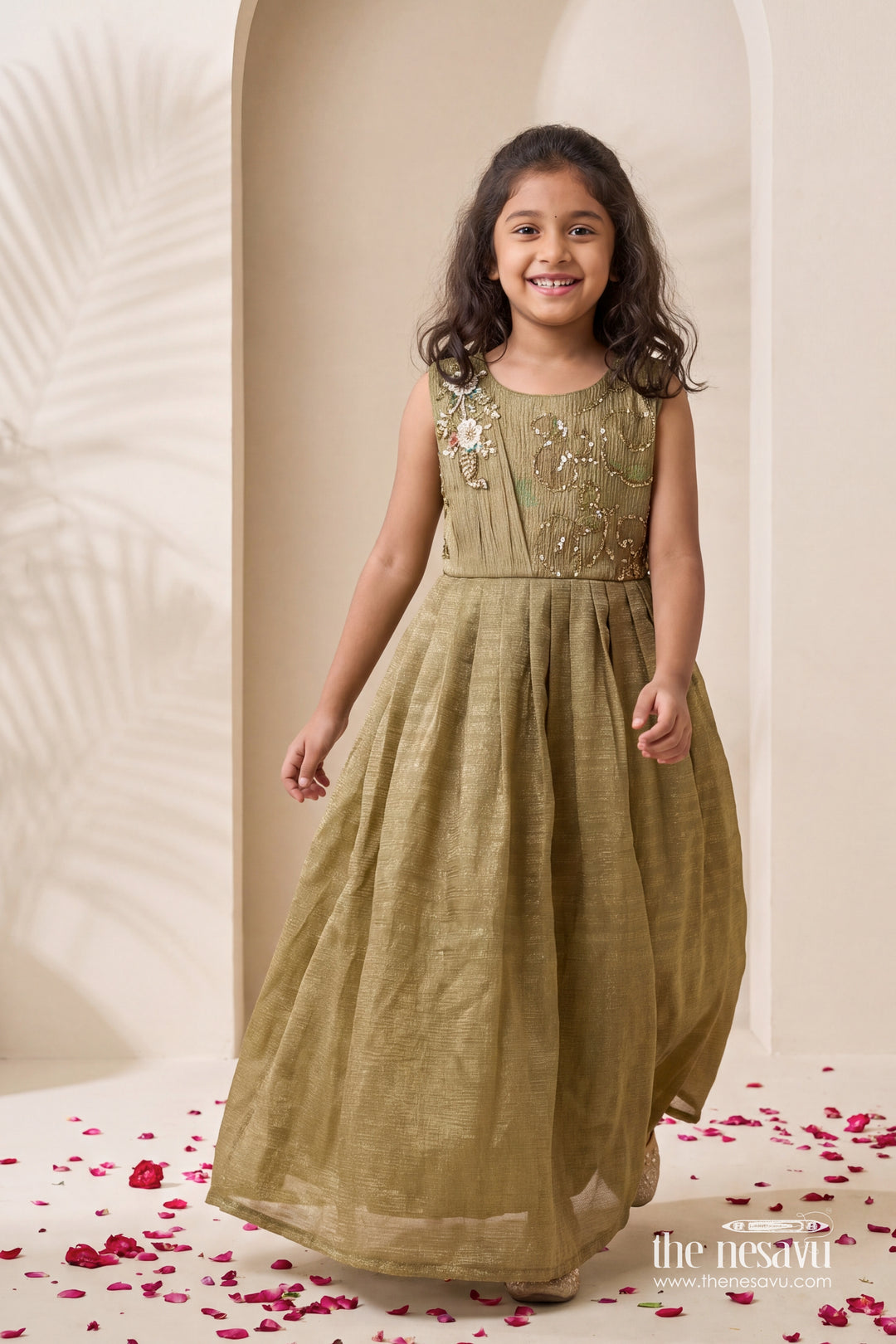 Girls Silk Gown in Green with Sequin Work