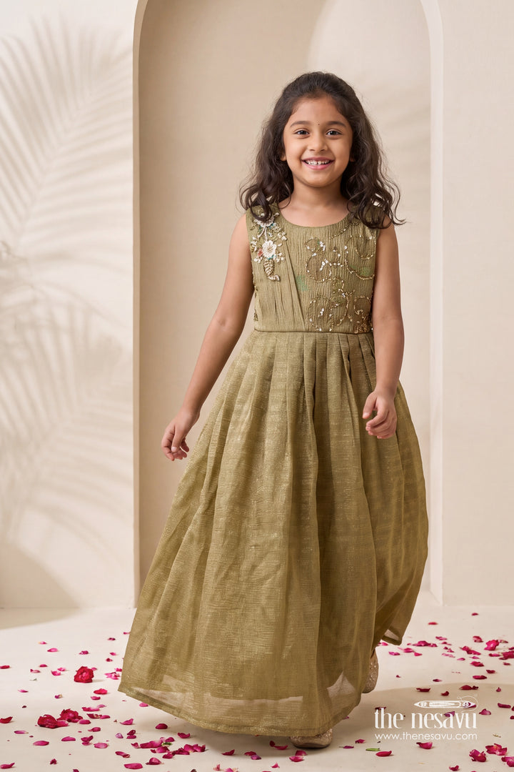 Girls Silk Gown in Green with Sequin Work