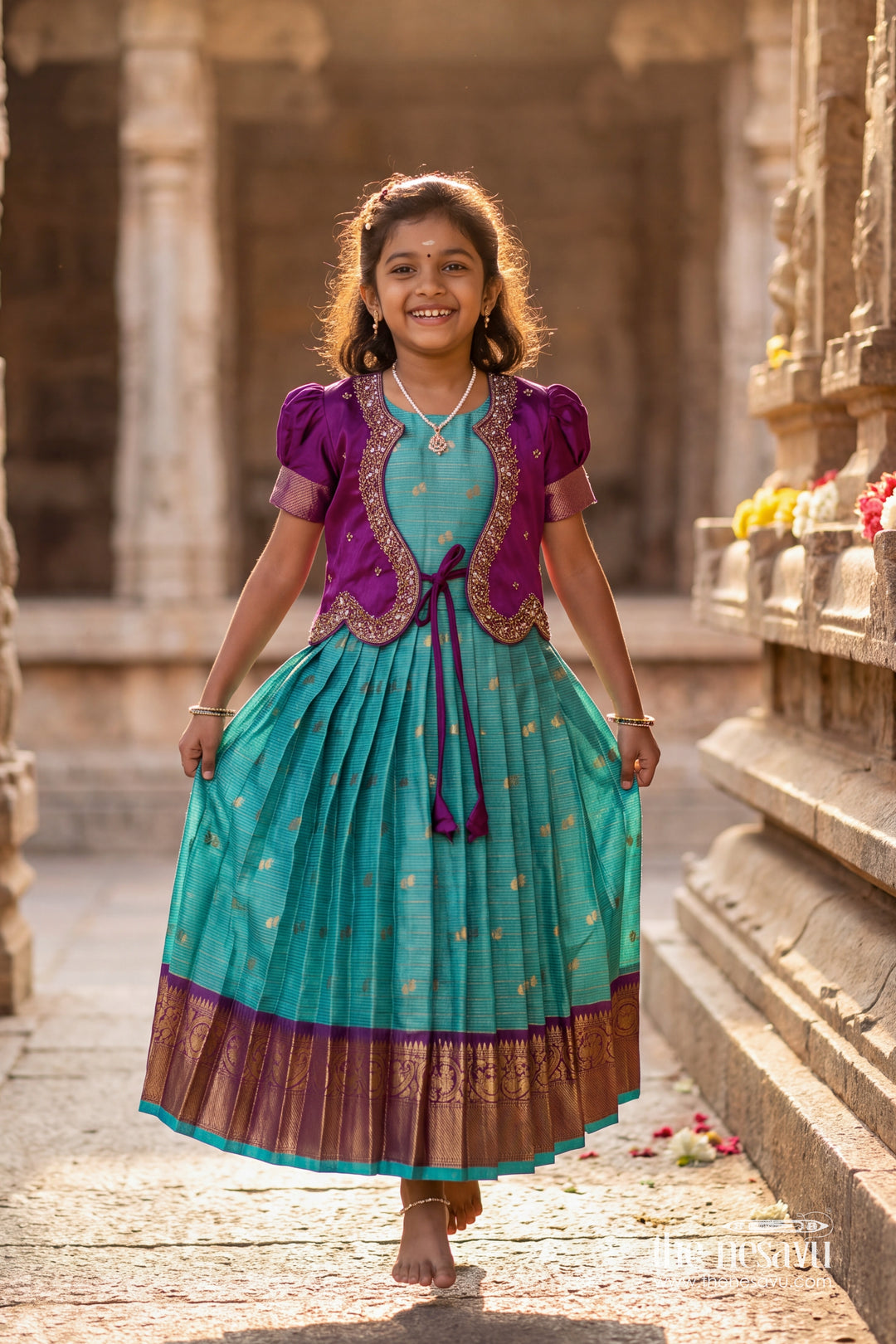 Girls Silk Gown with Jacquard Weave for Family Functions