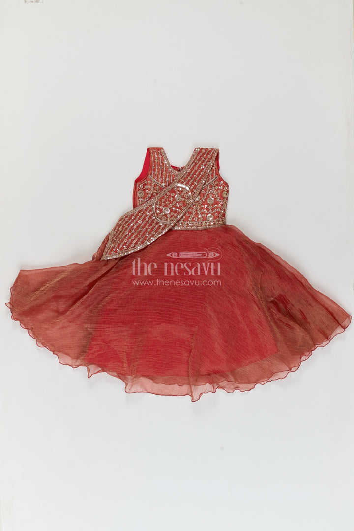 Girls Coral Pink Asymmetric Embroidered Drape Chinnon Chiffon Party Gown